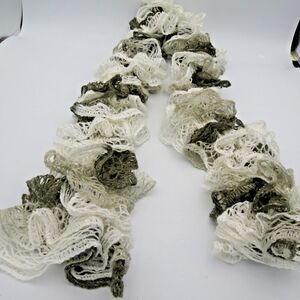 Handmade Lady's Olive Drab & White Ruffle Scarf Crochet 50"